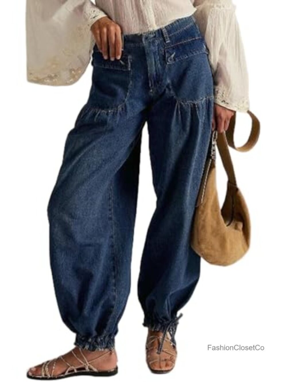 Wide Leg Baggy Jeans Lotus Fold Denim Pants Mid Rise Cotton
